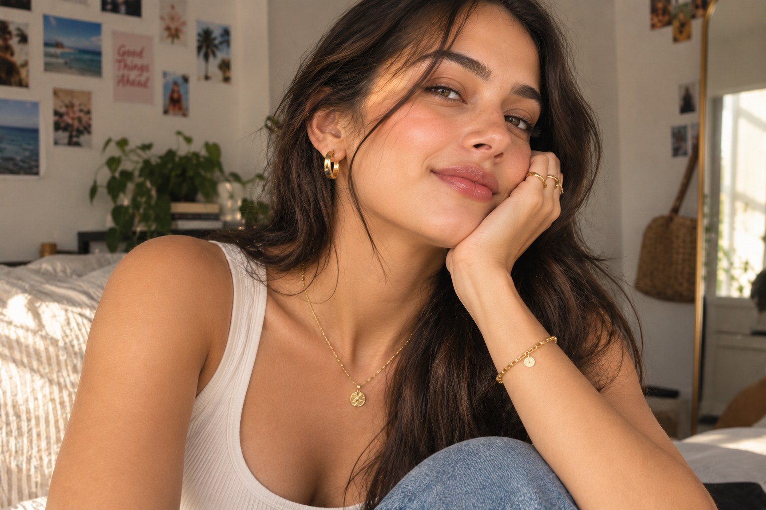 Woman wearing eestu gold hoops, ring and bracelet